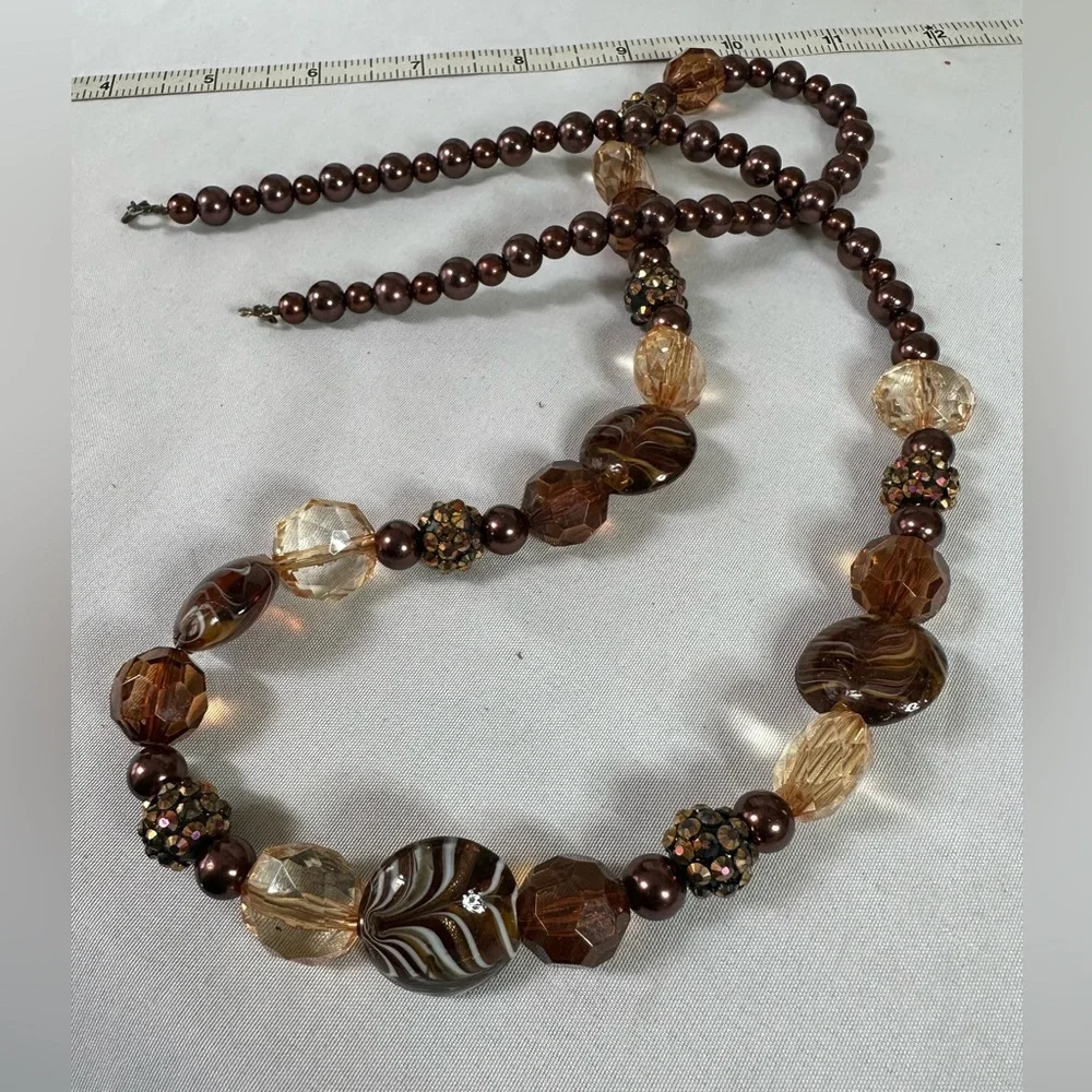 Long neutral brown tone glass bead sparkly necklace